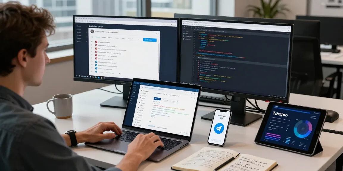 Engaged user utilizing Telegram Web Version on modern workspace setup with multiple screens.