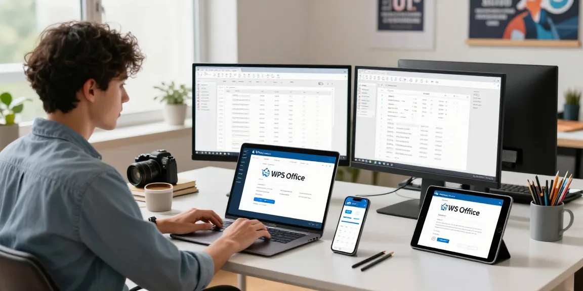 WPS Download in a professional workspace with multiple screens and productivity tools
