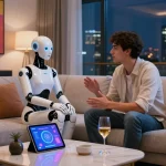 The interaction between an AI-driven sex bot and a human partner in a luxurious apartment, exemplifying modern companionship.
