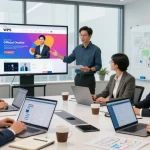Team collaboration in a modern office showcasing the WPS Official Website on screen.