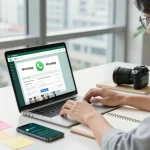 Using WhatsApp網頁版 in a modern office workspace with laptop and smartphone.