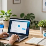 Download Telegram on your devices while enjoying a productive workspace with tech gadgets and vibrant plants.
