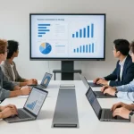 Business mobile comparison UK meeting with professionals analyzing data and collaborating in a modern office.