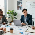 Group discussing merchant cash advance for small business in a modern office.